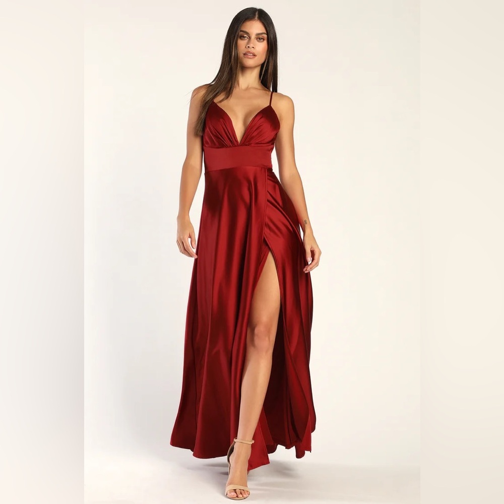 Capture the Romance Red Satin Faux-Wrap Sleeveless Maxi Dress